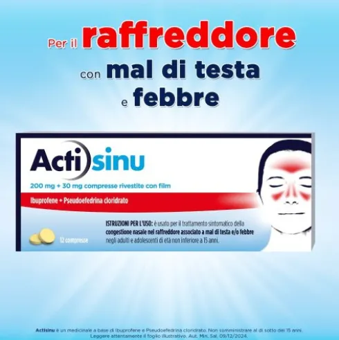 Actisinu - Trattamento della congestione nasale da sinusite o raffreddore - 12 compresse - Ibuprofene 200 mg + Pseudoefedrina cloridrato 30 mg