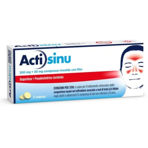 Actisinu - Trattamento della congestione nasale da sinusite o raffreddore - 12 compresse - Ibuprofene 200 mg + Pseudoefedrina cloridrato 30 mg