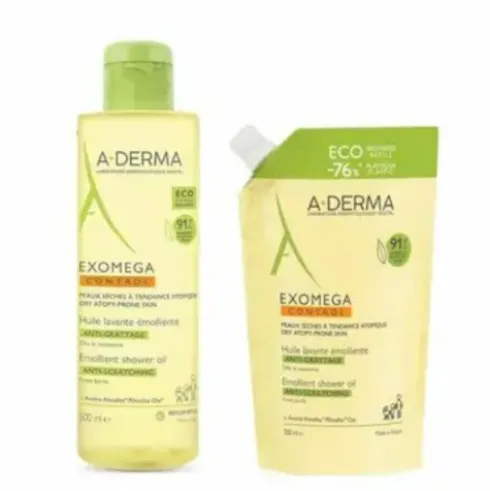 Aderma Exomega Control Olio Lavante Duo Igiene Pack - Detergente emolliente 500 ml + Ecoricarica 500 ml
