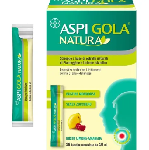 Aspi Gola Natura - Sciroppo per tosse e mal di gola - Gusto Limone e Amarena - 16 Bustine