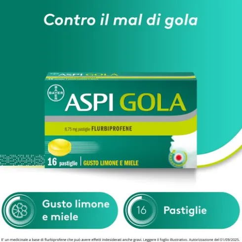 Aspi Gola - Trattamento sintomatico del mal di gola - Gusto Limone e Miele - 16 Pastiglie