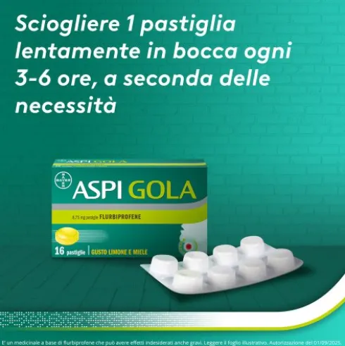 Aspi Gola - Trattamento sintomatico del mal di gola - Gusto Limone e Miele - 16 Pastiglie