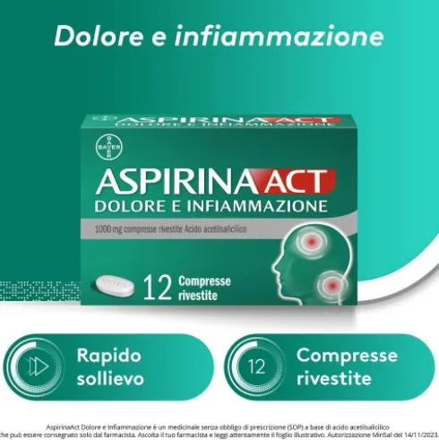 Aspirina Act Dolore e Infiammazione - Trattamento sintomatico di febbre e dolori - 12 Compresse 1000 mg