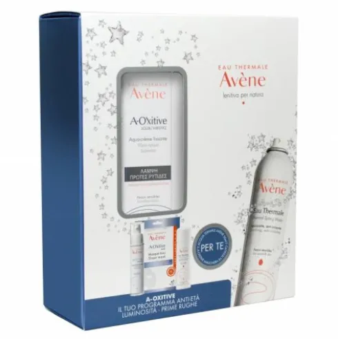 Avene Cofanetto Natale A-Oxitive - Aqua crema levigante giorno 30 ml + Acqua termale 50 ml + Maschera viso illuminante in tessuto