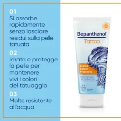 Bepanthenol Tattoo Crema Solare Protettiva SPF50+ Per Tatuaggio - Idrata e rigenera la pelle tatuata - 50 ml