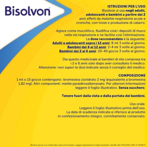 Bisolvon Soluzione Orale Gocce - Mucolitico Contro Catarro e Tosse Grassa - 40 ml