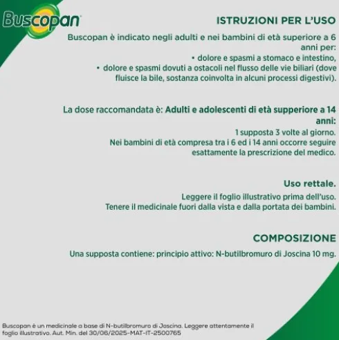 Buscopan Supposte - Contro Mal di Pancia, Dolori e Crampi Addominali - 6 supposte 10 mg