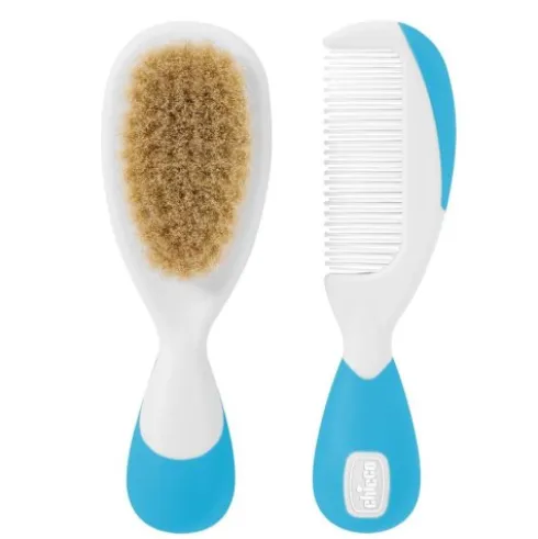 Chicco Spazzola e Pettine Azzurro Bianco Setole Naturali