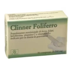 Clinner Foliferro Integratore Alimentare Ferro, Acido Folico, Vitamina C, B12 - 30 Compresse