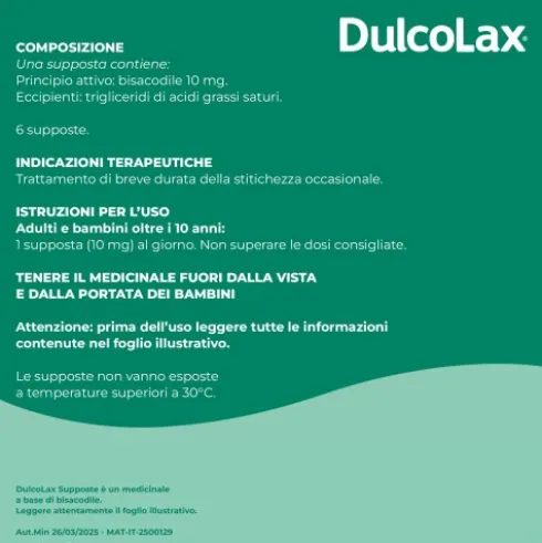 Dulcolax - Lassativo ad azione rapida contro la stitichezza occasionale - 6 supposte