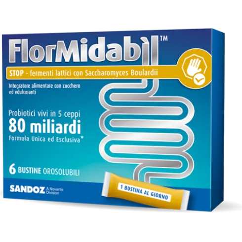 FlorMidabil Stop - Integratore per l'equilibrio della flora batterica intestinale - con Stevia - 6 bustine orosolubili