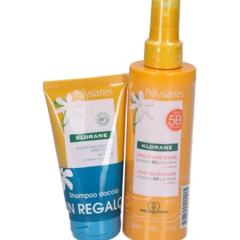 Klorane Polysianes Spray Solare Sublime SPF 50+ + Shampoo Doccia Doposole - Protezione solare molto alta 200 ml + Shampoo Doccia 75 ml