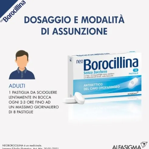 NeoBorocillina Antisettico Orofaringeo 16 Pastiglie senza zucchero 1,2mg + 20mg