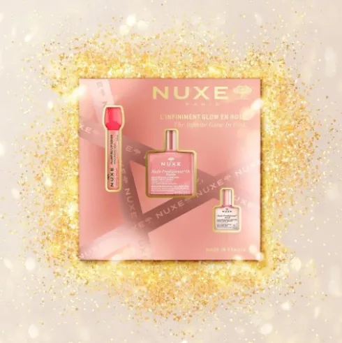 Nuxe Cofanetto di Natale 2025 Luminosità infinita in rosa - Olio Prodigioso Oro Floreale 50 ml + Olio Prodigioso Floreale 10 ml + Siero labbra rimpolpante