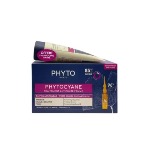 Phyto Phytocyane Kit Reactionnelle Donna - Fiale caduta temporanea + shampoo rivitalizzante - 12 fiale - 1 mese di trattamento