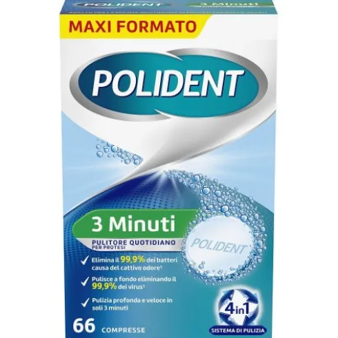 Polident 3 Minuti Pulitore Protesi Dentale Quotidiano Antibatterico - 66 Compresse