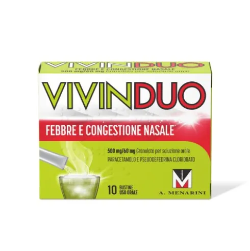 VivinDuo - Febbre, dolori influenzali e congestione nasale - 10 bustine con Paracetamolo e Pseudoefedrina