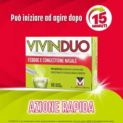 VivinDuo - Febbre, dolori influenzali e congestione nasale - 10 bustine con Paracetamolo e Pseudoefedrina